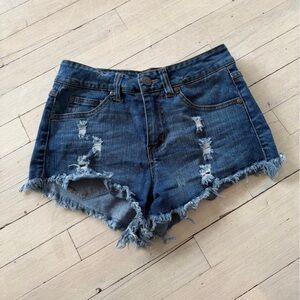 Elan Dark Blue Distressed Jean Shorts